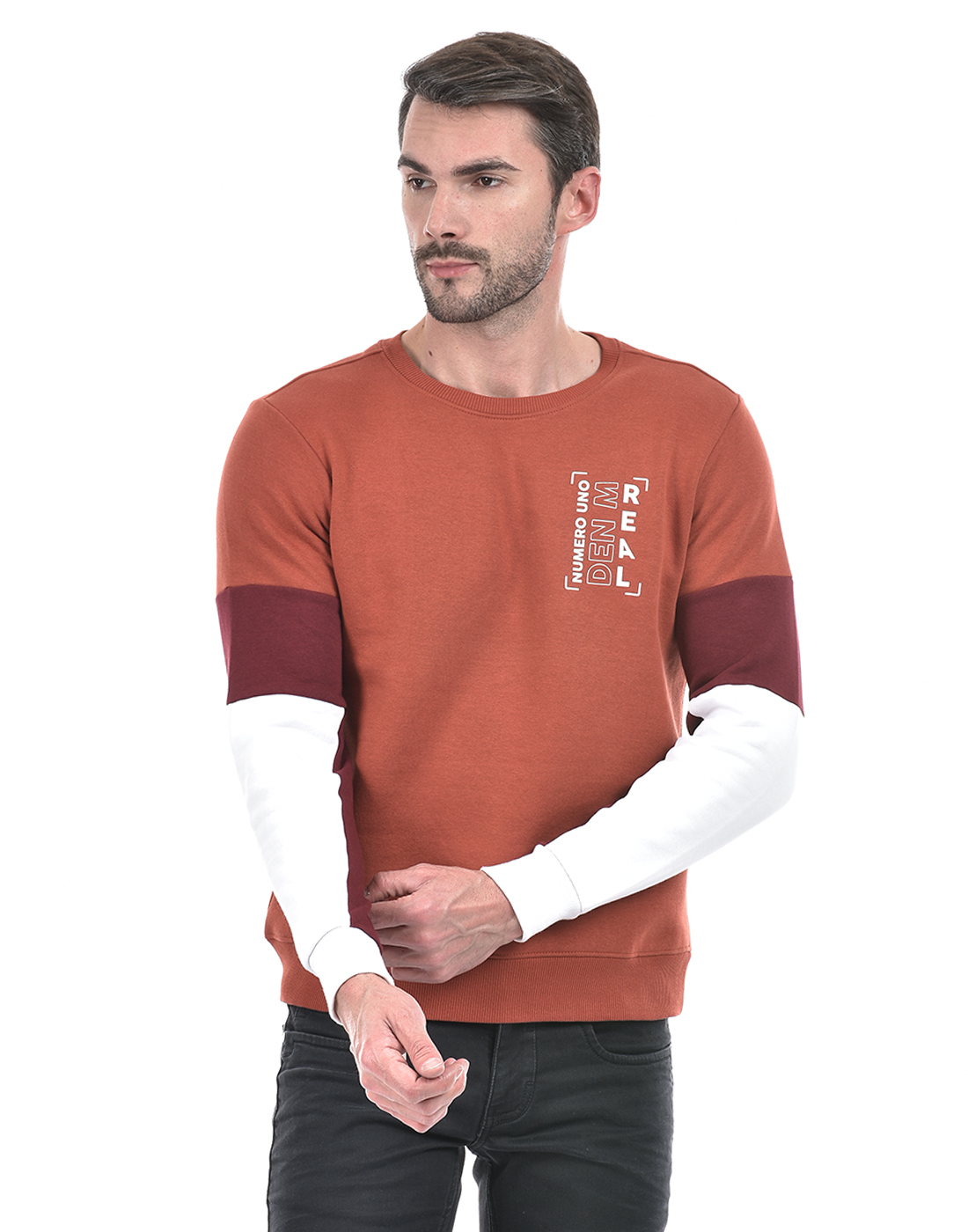 Numero Uno Men Color Block Brown Sweat Shirt